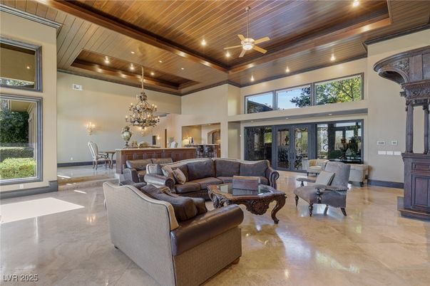 Chandelier, Dining room, Interior, Living room, Recessed Lighting, Wooden Beams, Wooden Ceilings