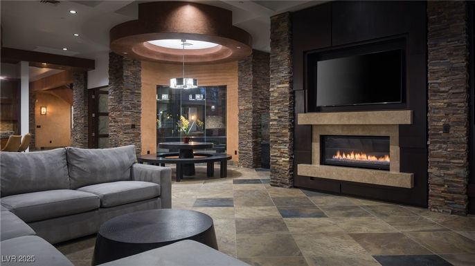 Dining room, Fireplace, Interior, Living room, Pendant Lights, Recessed Lighting, Stone Walls