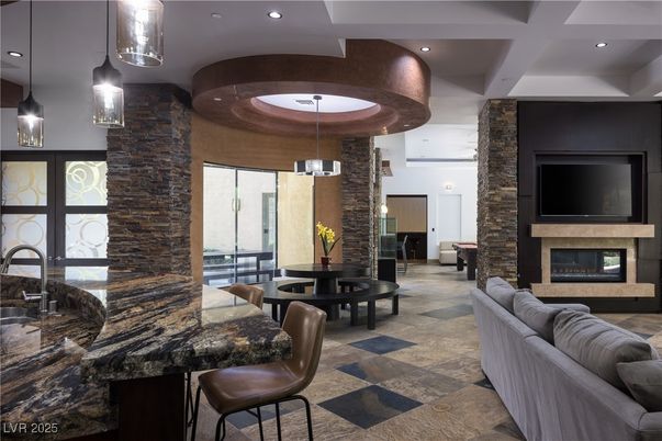 Dining room, Fireplace, Interior, Pendant Lights, Recessed Lighting, Stone Walls