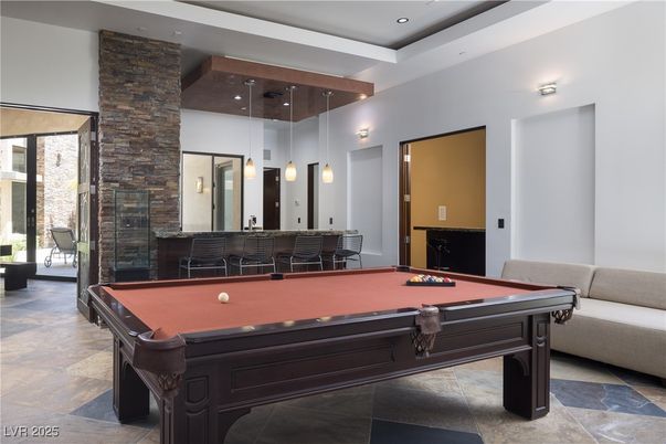 Billiard Table, Game Room, Interior, Pendant Lights, Recessed Lighting, Stone Walls