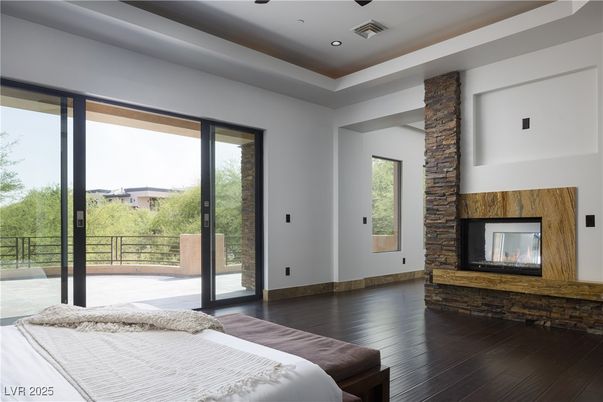 Bedroom, Fireplace, Interior, Recessed Lighting, Wood Texture Flooring