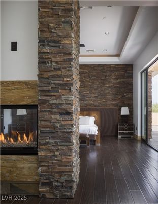 Fireplace, Interior, Recessed Lighting, Stone Walls, Wood Texture Flooring