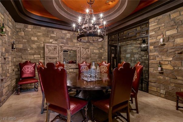 Chandelier, Dining room, Interior, Stone Walls