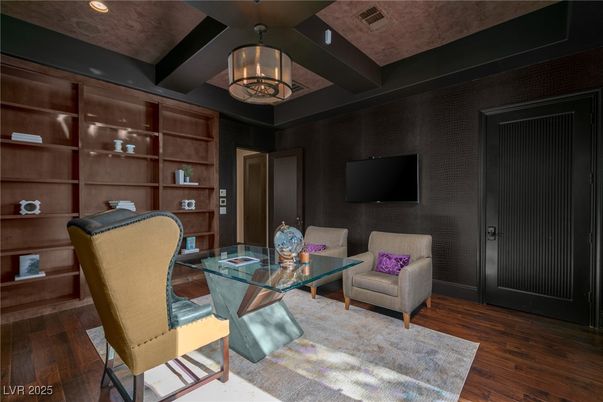 Chandelier, Home Office, Interior, Recessed Lighting, Wood Texture Flooring