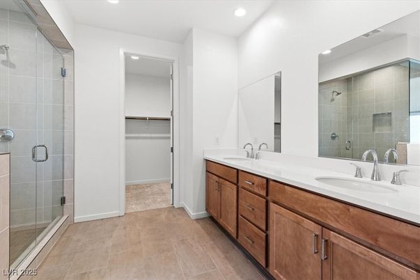 Bathroom, Dual Sink Vanities, Glass Shower, Interior, Recessed Lighting, Walk-in Closets