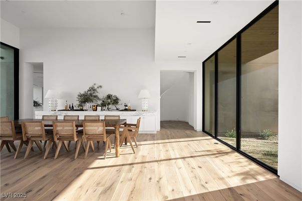 Dining room, Interior, Recessed Lighting, Wood Texture Flooring