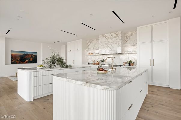 Interior, Kitchen, Marble Walls, Recessed Lighting, Wood Texture Flooring