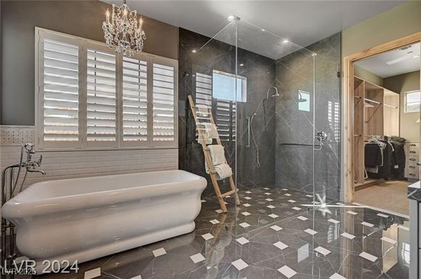 Bathroom, Chandelier, Free Standing Baths, Glass Shower, Interior, Recessed Lighting