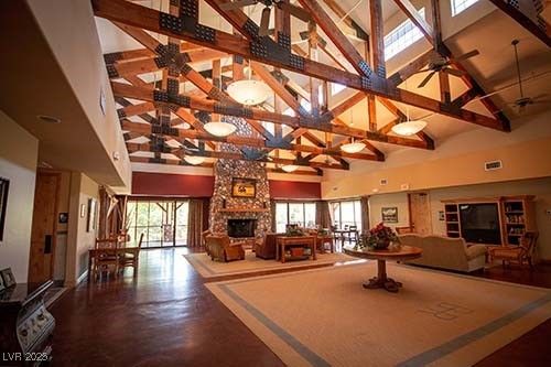 Fireplace, Interior, Living room, Pendant Lights, Recessed Lighting, Wooden Beams