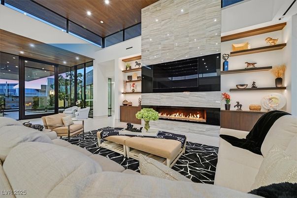 Fireplace, Interior, Living room, Pendant Lights, Recessed Lighting, Wooden Ceilings