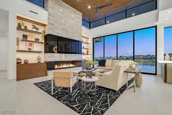 Fireplace, Interior, Living room, Recessed Lighting, Water, Wooden Ceilings