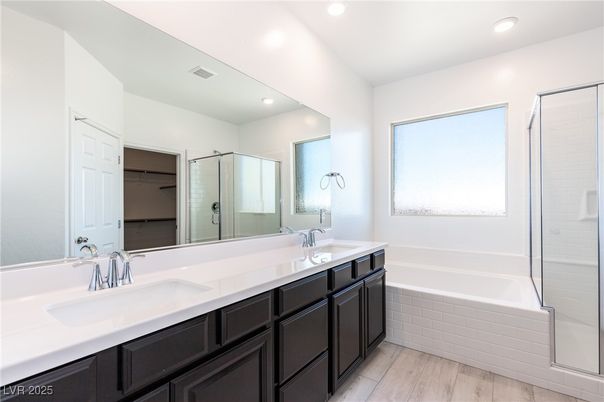 Bathroom, Dual Sink Vanities, Glass Shower, Interior, Recessed Lighting, Wood Texture Flooring