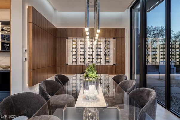 Dining room, Interior, Pendant Lights, Wine Storage, Wooden Walls