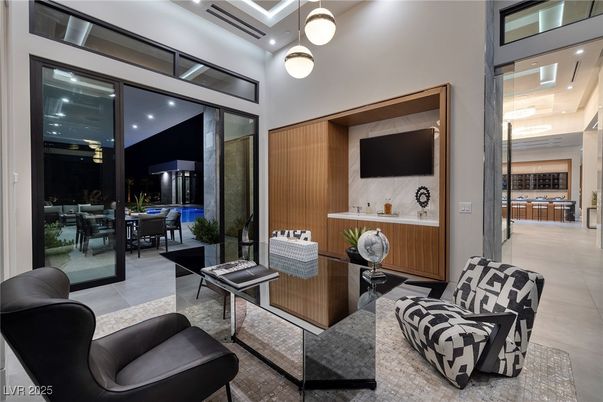 Interior, Living room, Pendant Lights, Recessed Lighting, Wooden Walls