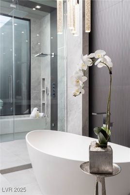 Bathroom, Free Standing Baths, Glass Shower, Interior, Recessed Lighting