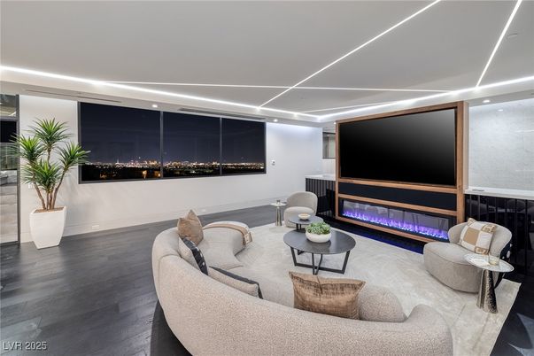 Fireplace, Interior, Living room, Recessed Lighting, Wood Texture Flooring