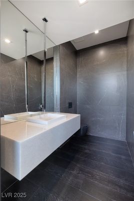 Bathroom, Dual Sink Vanities, Interior, Marble Walls, Recessed Lighting