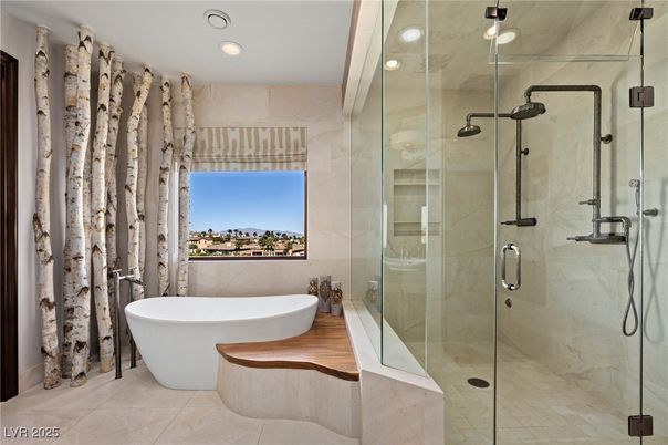 Bathroom, Free Standing Baths, Glass Shower, Interior, Recessed Lighting