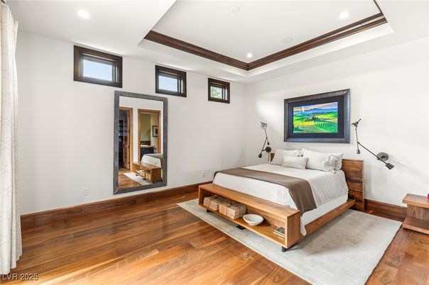 Bedroom, Interior, Recessed Lighting, Wood Texture Flooring