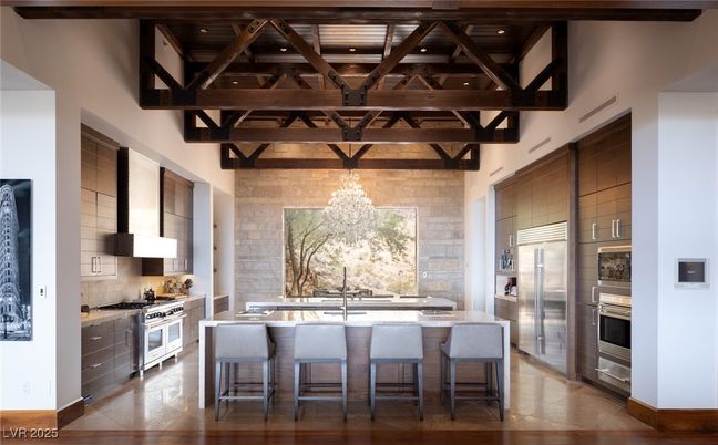 Chandelier, Interior, Kitchen, Stainless Steel Appliances, Stone Walls, Wooden Beams, Wooden Ceilings, Wood Texture Flooring