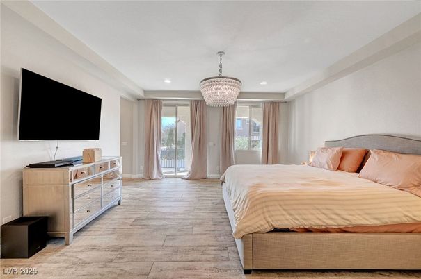 Bedroom, Chandelier, Interior, Recessed Lighting, Wood Texture Flooring