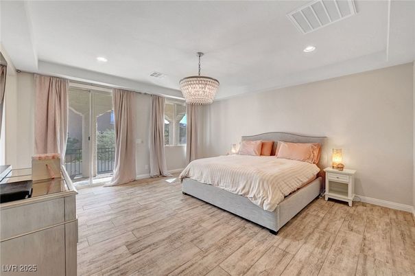 Bedroom, Chandelier, Interior, Recessed Lighting, Wood Texture Flooring