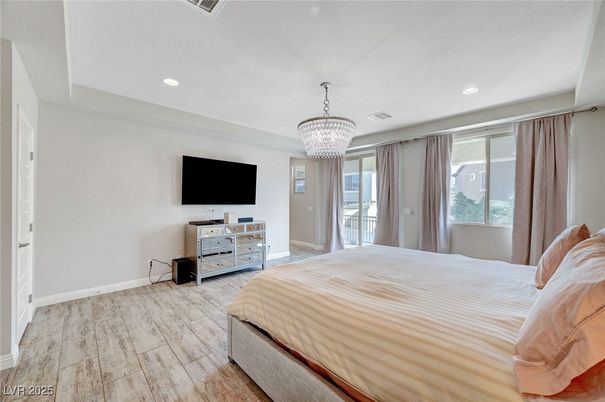 Bedroom, Chandelier, Interior, Recessed Lighting, Wood Texture Flooring