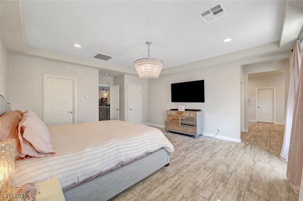 Bedroom, Chandelier, Interior, Recessed Lighting, Wood Texture Flooring