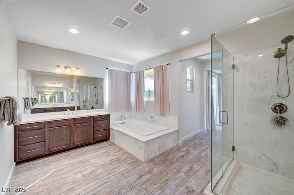 Bathroom, Dual Sink Vanities, Glass Shower, Interior, Marble Walls, Recessed Lighting