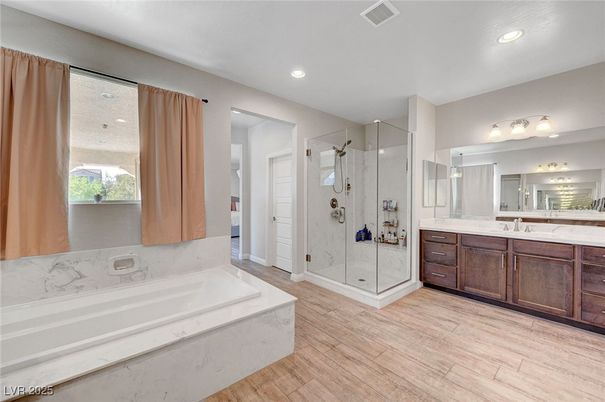 Bathroom, Glass Shower, Interior, Recessed Lighting, Wood Texture Flooring