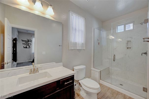Bathroom, Glass Shower, Interior, Marble Walls, Wood Texture Flooring