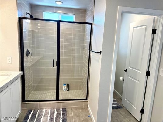 Bathroom, Glass Shower, Interior, Recessed Lighting, Wood Texture Flooring