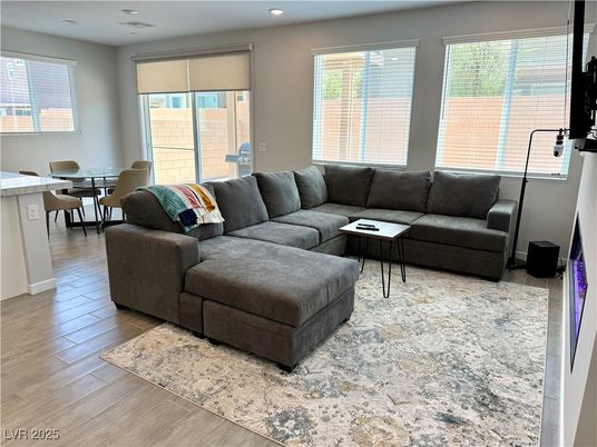Dining room, Interior, Living room, Recessed Lighting, Wood Texture Flooring