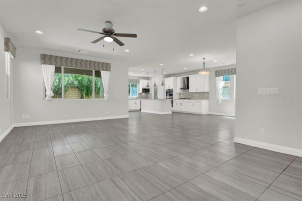 Empty room, Interior, Kitchen, Pendant Lights, Recessed Lighting, Stainless Steel Appliances