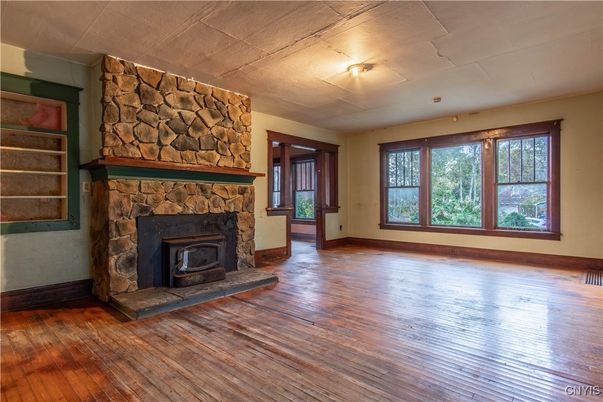 Empty room, Fireplace, Interior, Stone Walls, Wood Texture Flooring