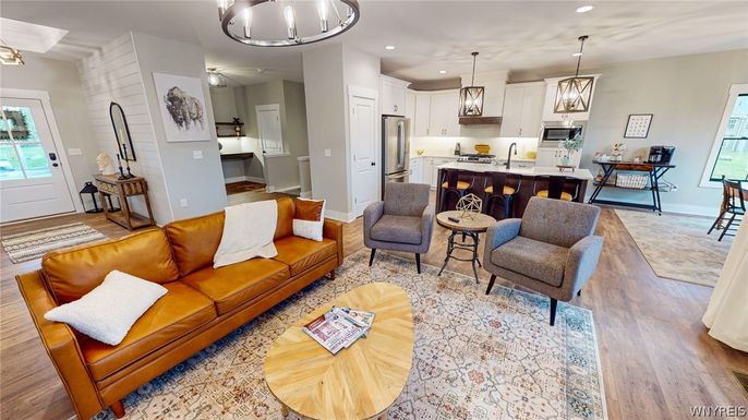 Dining room, Interior, Kitchen, Living room, Pendant Lights, Recessed Lighting, Stainless Steel Appliances, Wood Texture Flooring