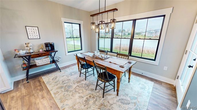 Dining room, Interior, Pendant Lights, Wood Texture Flooring