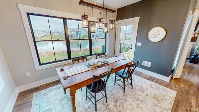 Dining room, Interior, Pendant Lights, Wood Texture Flooring