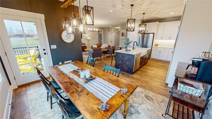 Dining room, Interior, Kitchen, Living room, Pendant Lights, Recessed Lighting, Stainless Steel Appliances, Wood Texture Flooring