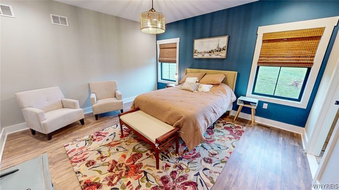 Bedroom, Interior, Pendant Lights, Wood Texture Flooring