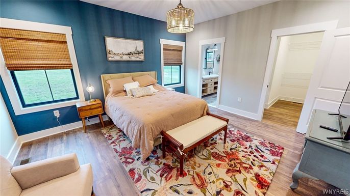 Bedroom, Interior, Pendant Lights, Wood Texture Flooring