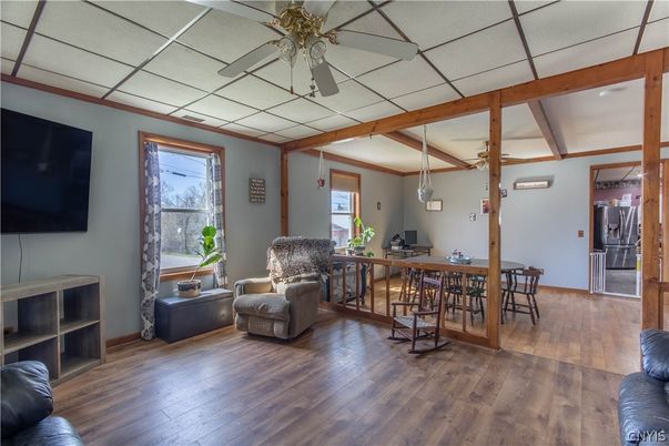 Dining room, Interior, Pendant Lights, Wooden Beams, Wood Texture Flooring