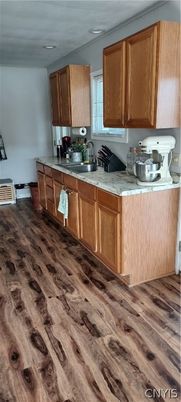 Interior, Kitchen, Tile Countertops, Wood Texture Flooring