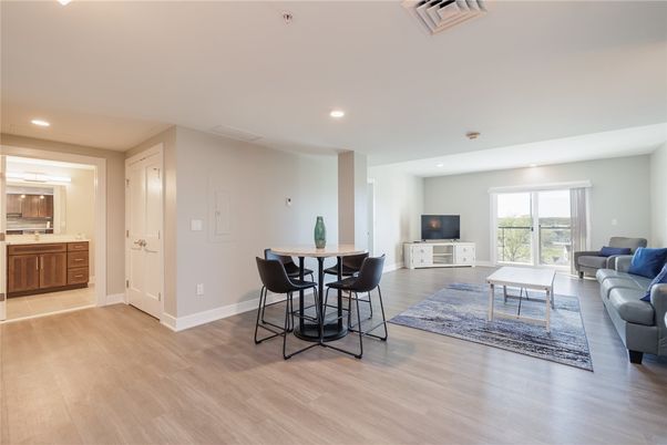 Dining room, Interior, Kitchen, Living room, Recessed Lighting, Wood Texture Flooring