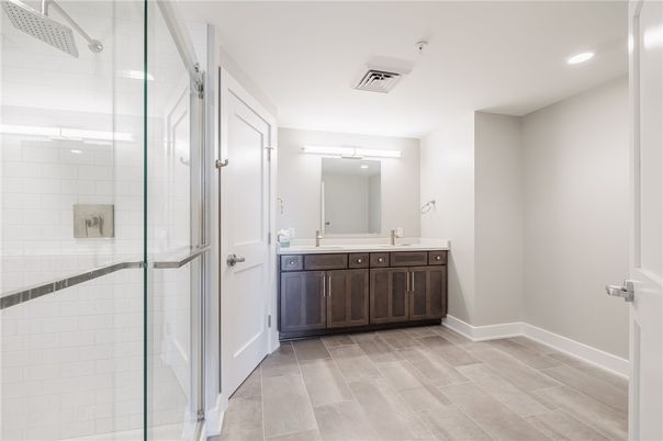 Bathroom, Glass Shower, Interior, Recessed Lighting, Wood Texture Flooring