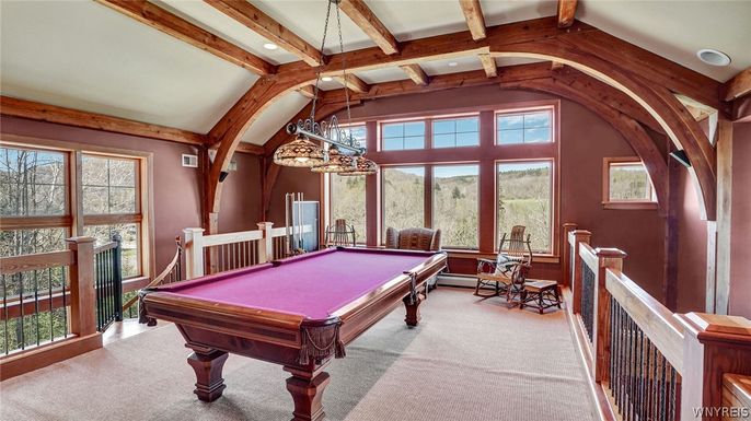 Billiard Table, Chandelier, Game Room, Interior, Pendant Lights, Recessed Lighting, Wooden Beams
