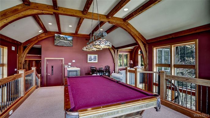 Billiard Table, Game Room, Interior, Pendant Lights, Recessed Lighting, Wooden Beams