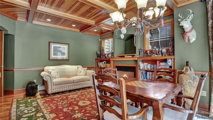 Chandelier, Dining room, Fireplace, Interior, Recessed Lighting, Wooden Beams, Wooden Ceilings, Wood Texture Flooring