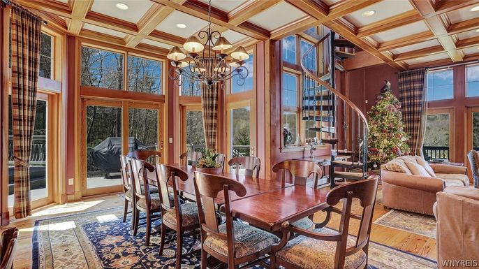 Chandelier, Dining room, Interior, Recessed Lighting, Wooden Beams, Wood Texture Flooring