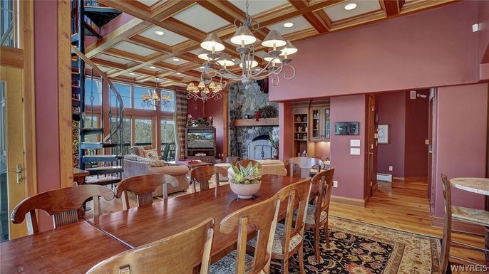Chandelier, Dining room, Fireplace, Interior, Living room, Recessed Lighting, Wooden Beams, Wood Texture Flooring